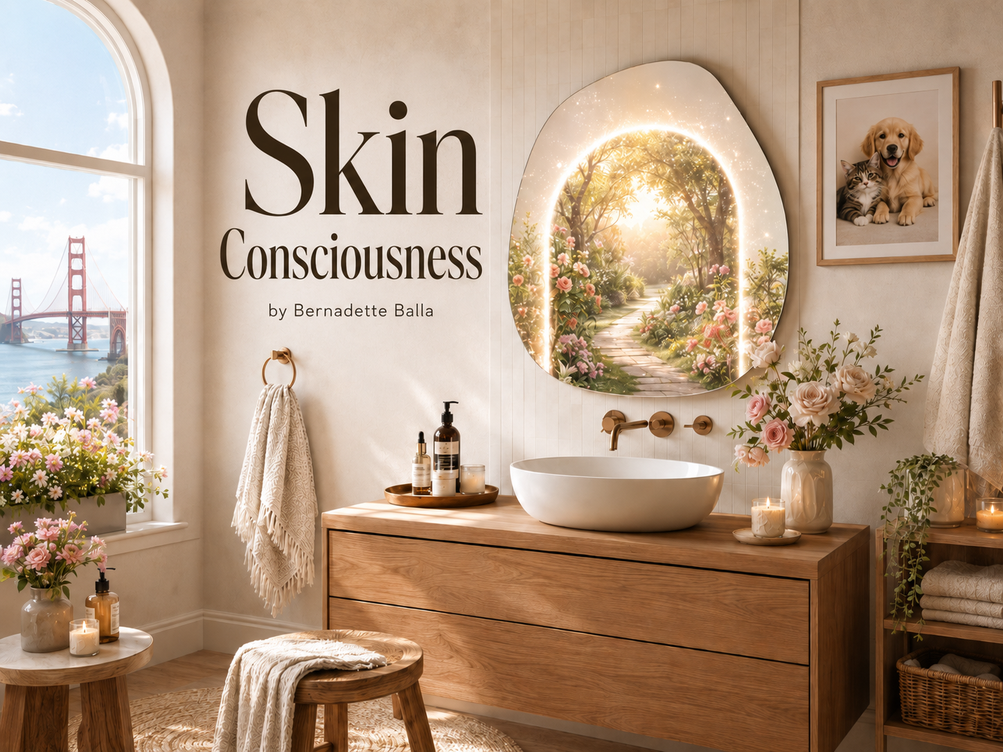 Skin Consciousness Method shown in a glowing bathroom mirror, representing skin anxiety, acne shame, hyperpigmentation, dark spots, redness, uneven texture, barrier stress, and the emotional spiral of checking your face.