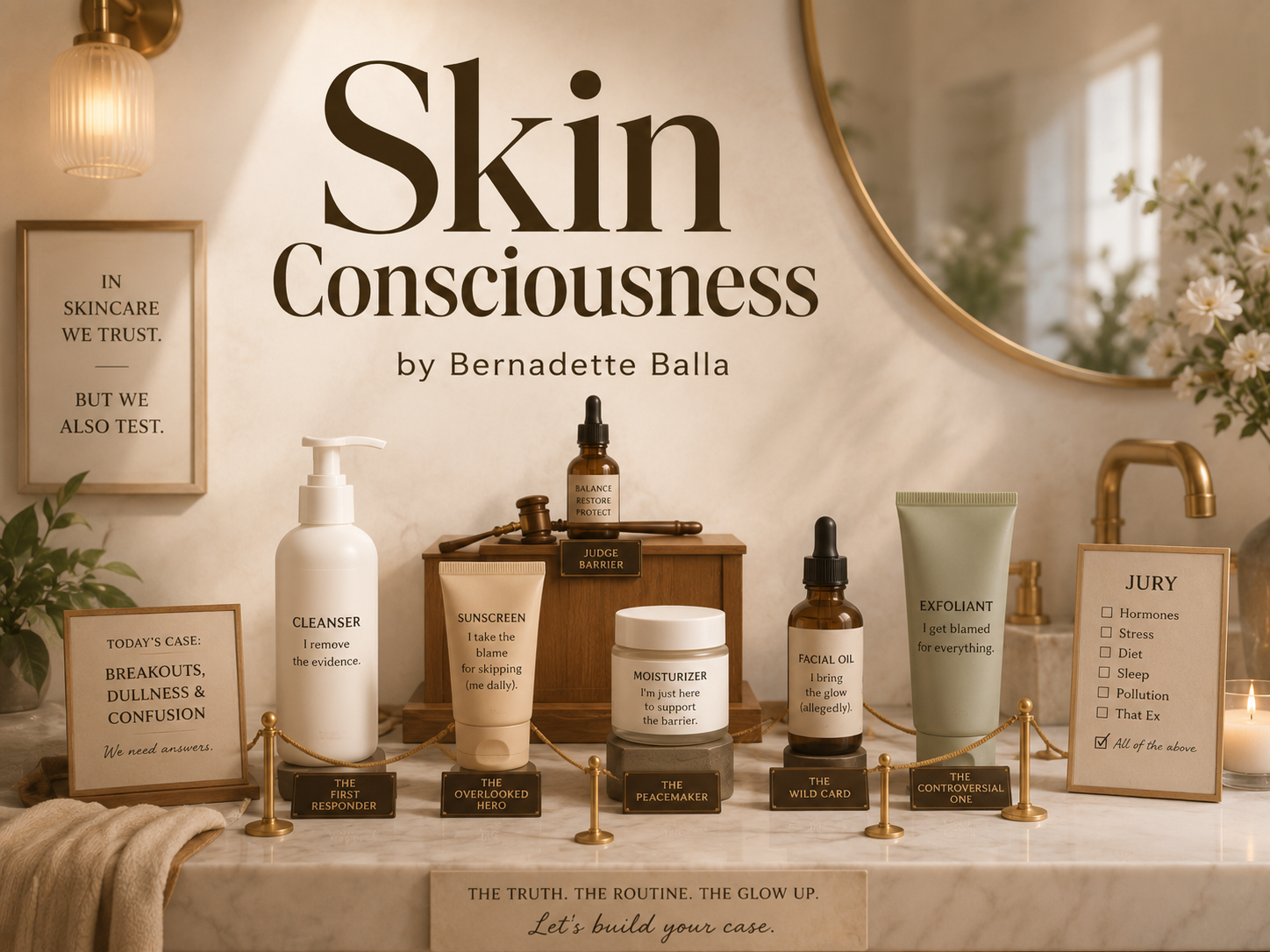Skincare products arranged like a courtroom trial, representing product panic, skincare routine confusion, acne shame, hyperpigmentation, dark spots, redness, uneven texture, and sensitive skin concerns.